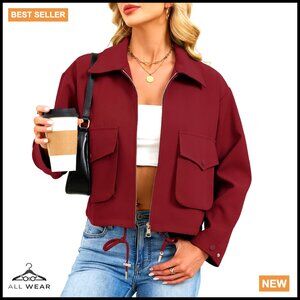 Lightweight Cropped Bomber Jacket Casual Utility Coat Long Sleeve Zip Up